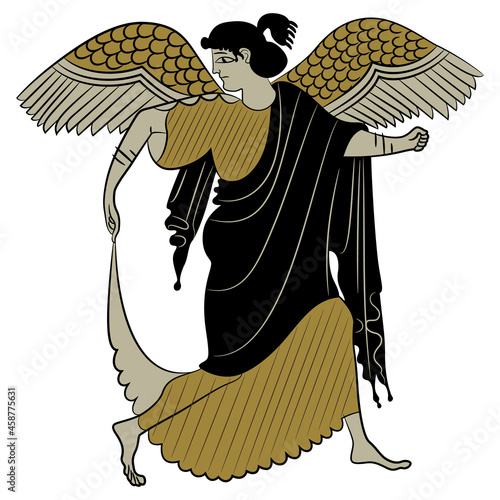 Ancient Greek winged goddess Nike. Vase painting style. Antique angel. Isolated vector illustration.