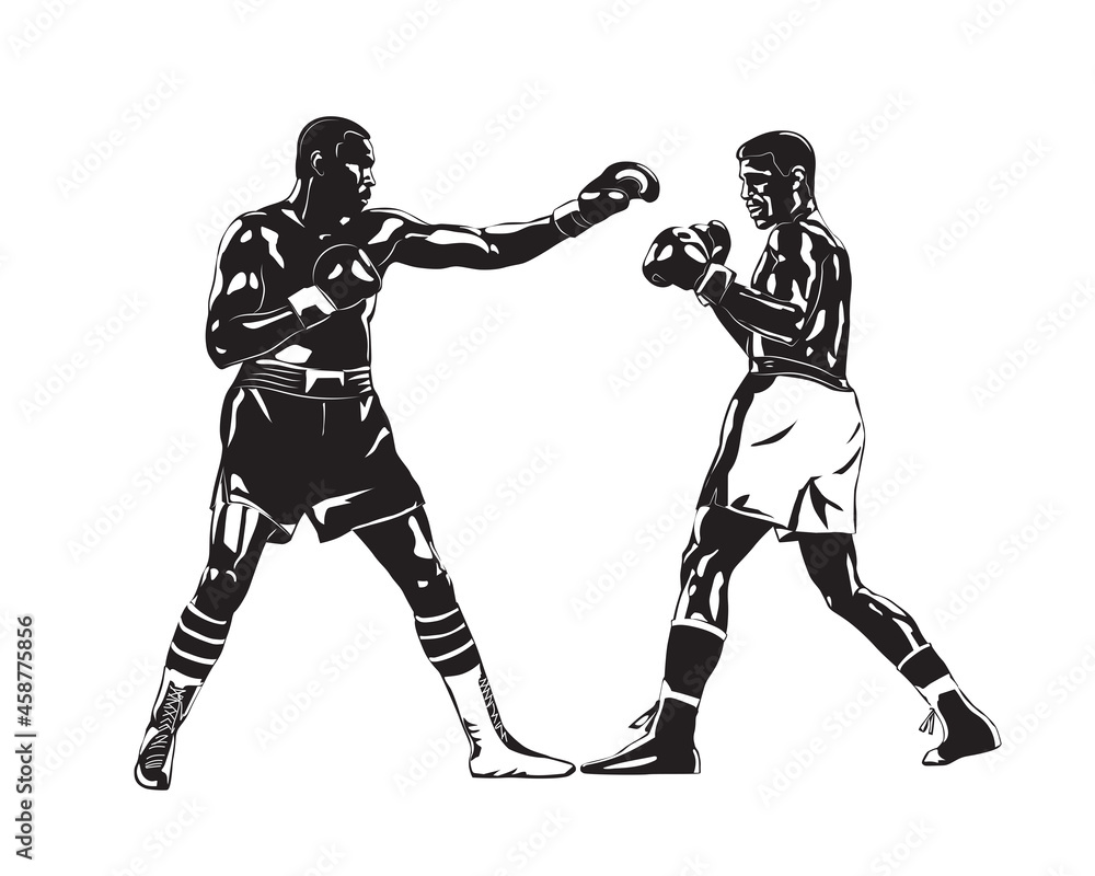 Boxing kickboxing. Boxers fight duel Isolated on a white background. Black and white graphics. Vector illustration