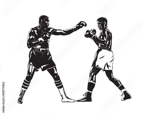 Boxing kickboxing. Boxers fight duel Isolated on a white background. Black and white graphics. Vector illustration