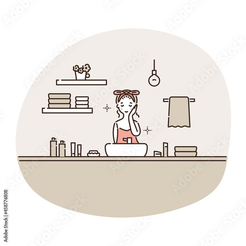 顔を洗う女性のイラスト ツートーン