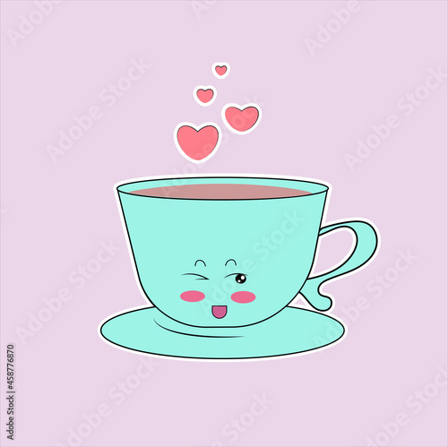 A sticker in the form of a cup of tea or coffee with a cute anime face, with hearts.