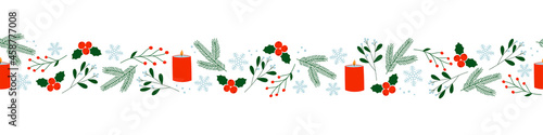 Colorful seamless Christmas border with winter plants and berries. Mistletoe, holly, pine branch and snowflake.