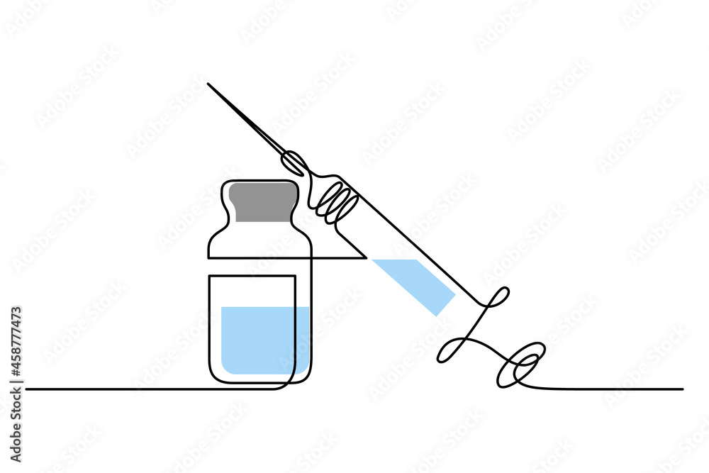 Medical syringe and bottle with liquid drug in continuous line art