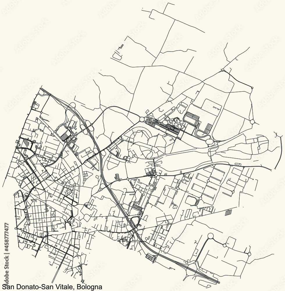 Detailed navigation urban street roads map on vintage beige background of the quarter Quartiere San Donato-San Vitale district of the Italian regional capital city of Bologna, Italy