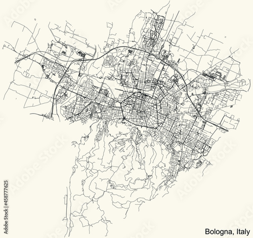 Detailed navigation urban street roads map on vintage beige background of the Italian regional capital city of Bologna, Italy