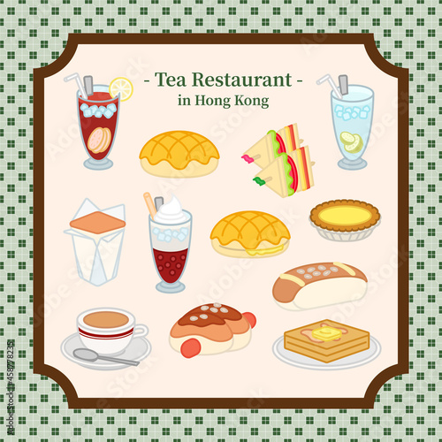 Hong Kong tea restaurant dessert flat illustrations