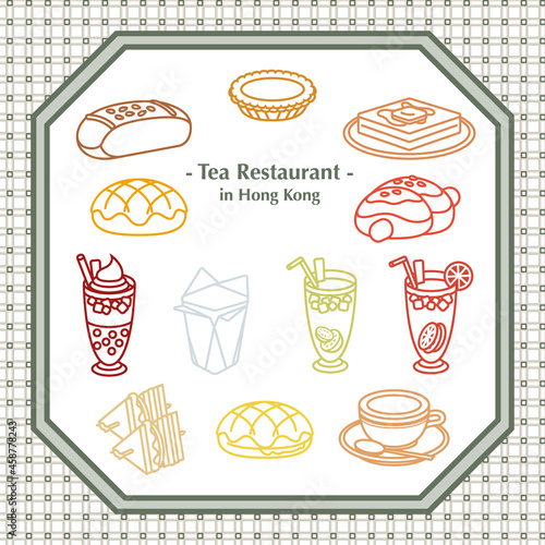 Hong Kong tea restaurant dessert line art illustrations