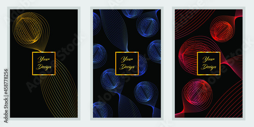 Modern cover design set. Creative background with gold, blue, red round shape line design. vector template for Brochure, flyers, Book covers, menu and banners