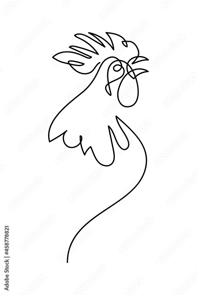 Crowing rooster in continuous line art drawing style. Cock portrait