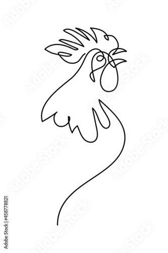 Crowing rooster in continuous line art drawing style. Cock portrait minimalist black linear sketch isolated on white background. Vector illustration