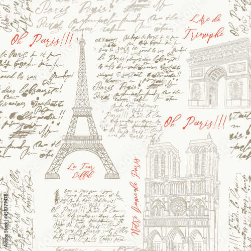 Seamless pattern with the sights of Paris. The Eiffel Tower, Notre Dame de Paris, the Arc de Triomphe in the engraved style with handwritten text.