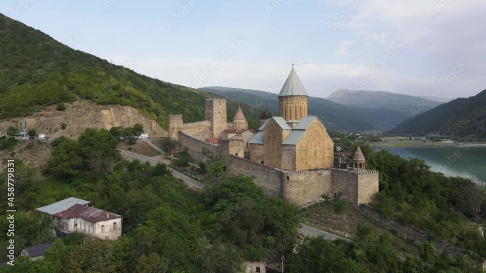 Scenic aerial view of 13 century Ananuri Fortress Complex in summer Scenic aerial view of 13 century Ananuri Fortress Complex in summer