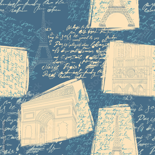 Seamless pattern with the sights of Paris. The Eiffel Tower, Notre Dame de Paris, the Arc de Triomphe in the engraved style with handwritten text.