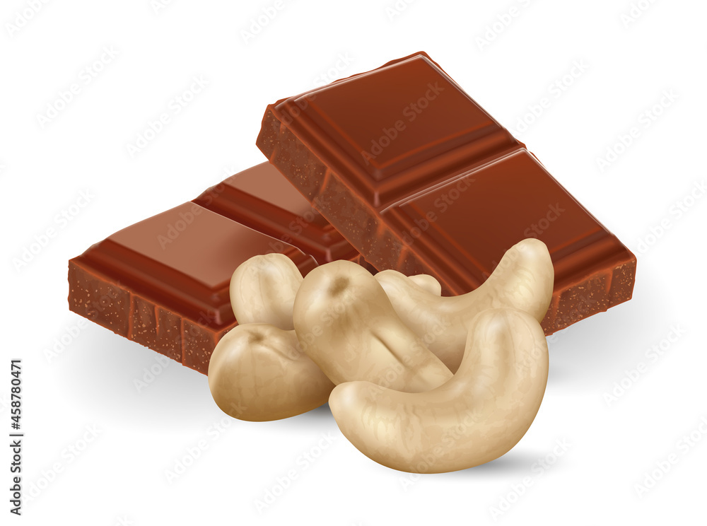 Fotografie Broken chocolate bars with Cashew nuts on white background, realistic vector ill