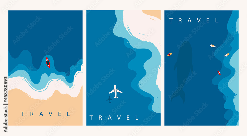 Naklejka premium Aerial view of ocean waves reaching the coastline. Beach, sand, sea shore with blue waves. Top view overhead seaside. Hand drawn Vector illustrations. Set of three isolated cards. Travel concept