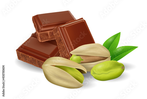 Broken chocolate bars with Pistachio nuts on white background, realistic vector illustration