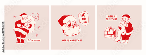 Cheerful Santa Claus with gift bag, long list and Present box. Christmas, New year concept. Retro, vintage style. Set of three square Cards. Hand drawn trendy Vector isolated illustrations
