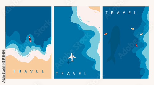 Aerial view of ocean waves reaching the coastline. Beach, sand, sea shore with blue waves. Top view overhead seaside. Hand drawn Vector illustrations. Set of three isolated cards. Travel concept