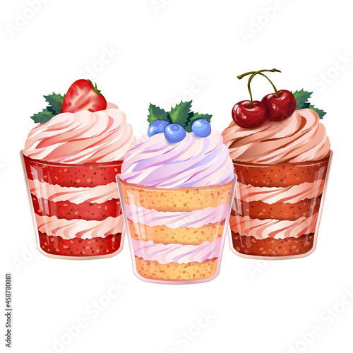Set of sweet creamy layered desserts in cups with delicate sponge cake, fresh blueberries and cherries isolated on white background. Yummy food vector illustration for cafe, bakery or restaurant.
