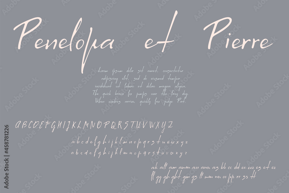 Cursive handwriting font. Basic latin uppercase and lowercase alphabet