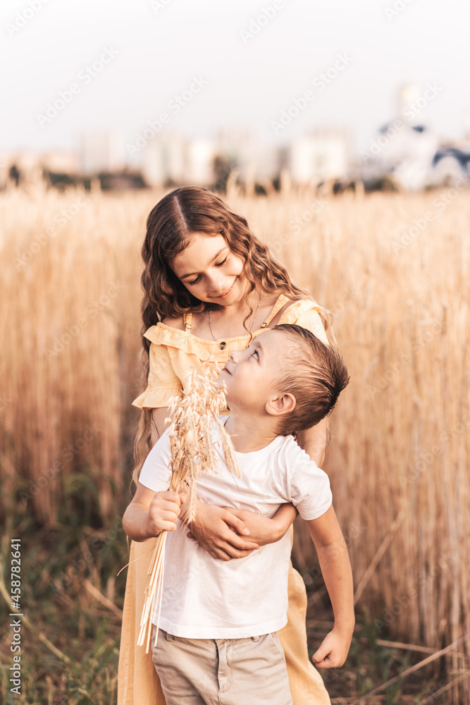 Older sister walks with her brother in nature in the summer. Happy kids sibling walking and playing. Kids play outdoors Older sister walks with her brother in nature in the summer. Happy kids sibling walking and playing. Kids play outdoors