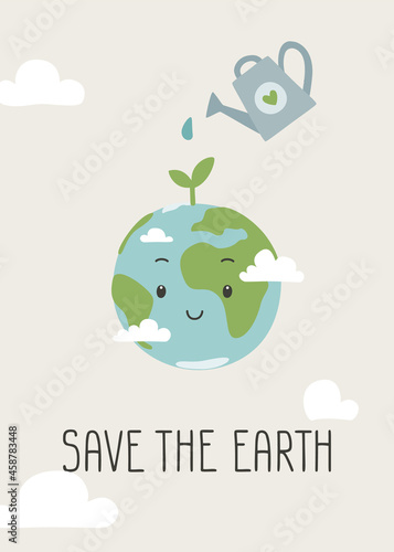 Ecology poster. Planting little sprout on cute smiling planet Earth. Poster about care of environment for children, schools, preschooler.
