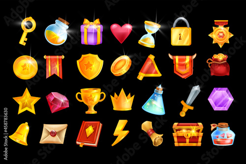 Vector game icon set, mobile casino app object kit, RPG inventory badge, golden trophy cup, medal. UI design element, winner crown, red flag, treasure chest, magic potion, coin. Online game icon pack