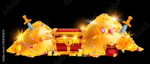 Gold treasure pile, vector pirate coin chest, red money bag, medieval hidden jewel crown game background. Fantasy abundance illustration, shiny full trunk, gemstone, cup. Gold treasure clipart, sword