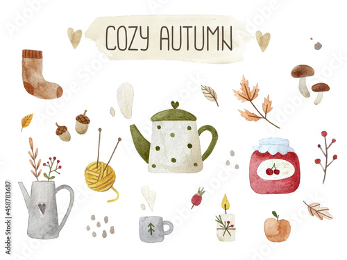 Cozy autumn watercolor painting set. Collection of hand-drawn doodle elements for design fabric, textile, wrapping, stationery.