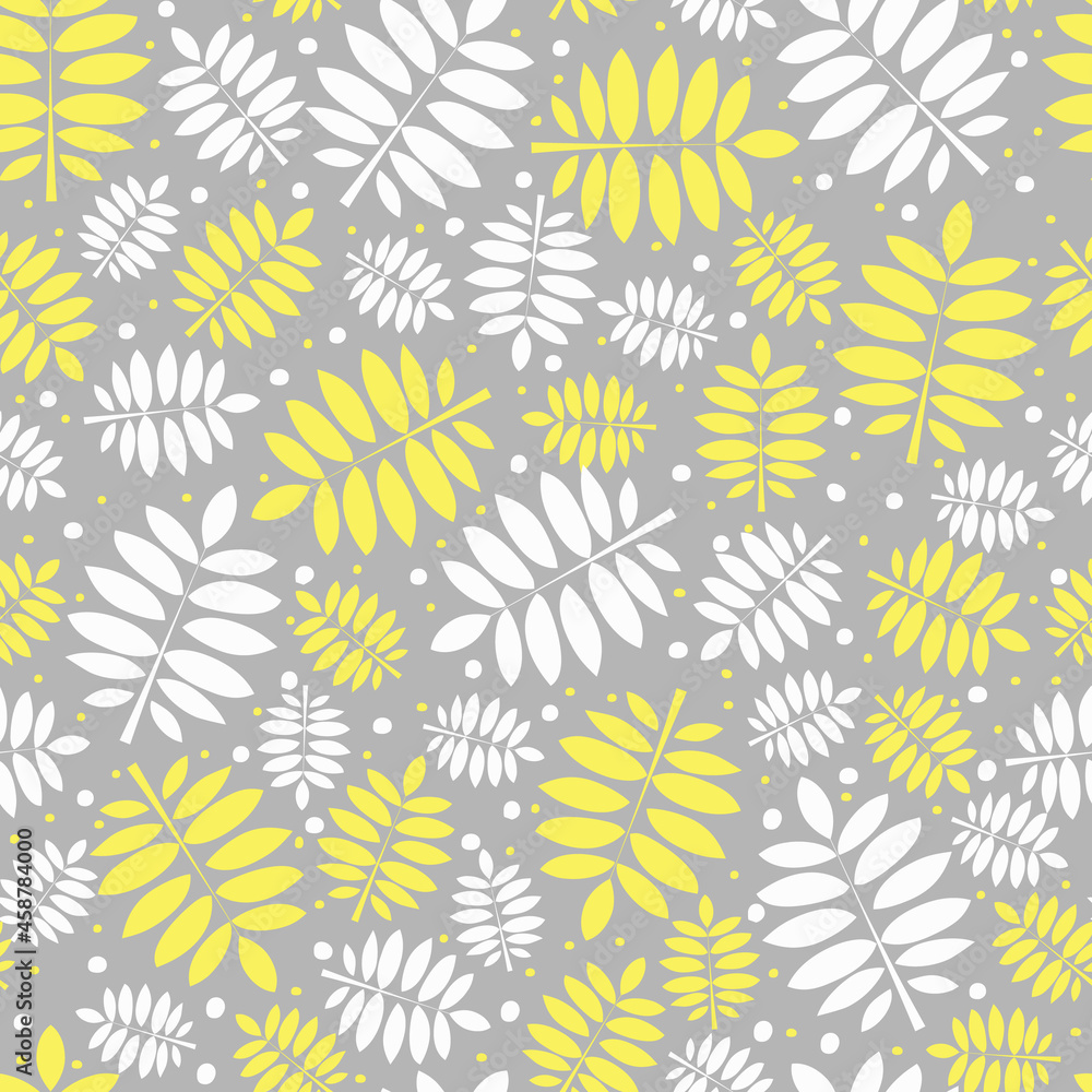 Seamless pattern of white and yellow leaves on a gray background. Elegant botanical print in flat style. Rowan leaves. Vector illustration. Seamless pattern of white and yellow leaves on a gray background. Elegant botanical print in flat style. Rowan leaves. Vector illustration.