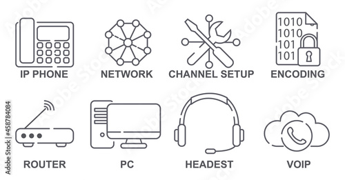 Icons with gadgets and communication transmission devices. Sticker with router, phone, computer, network in line art style. Editable stroke. Cartoon flat vector collection isolated on white background