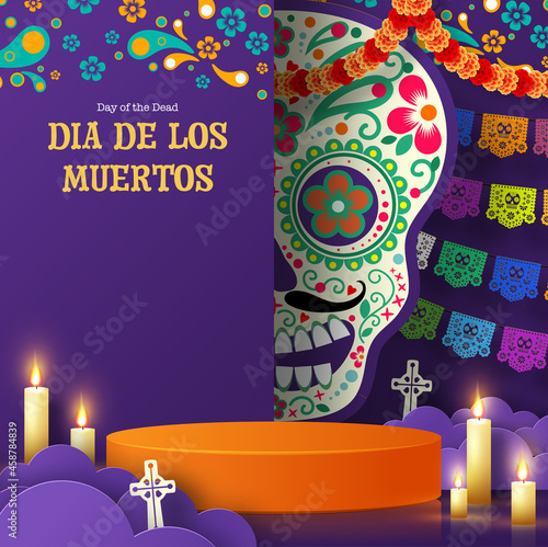 Day of the dead, Dia de los muertos 3d podium round, square stage with paper cut art elements craft style on background.

