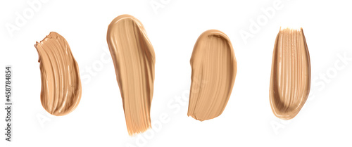 Set with different shades of liquid skin foundation on white background, top view. Banner design