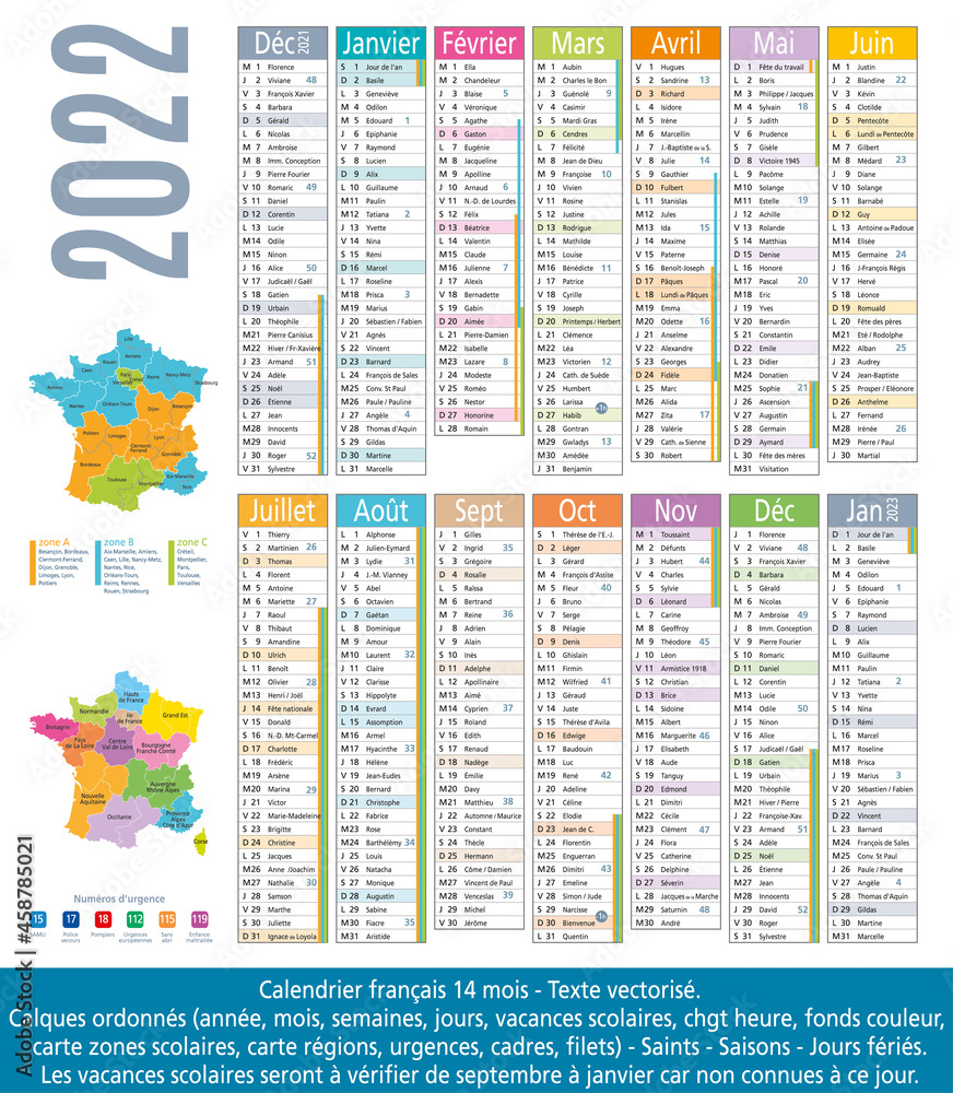 Naklejka premium 2022-Calendrier 14 mois-Carte régions et académies-1