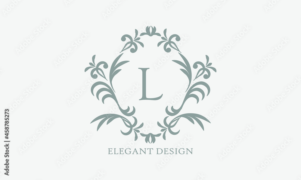 Exquisite design of an elegant monogram with the letter L in the center in gray. Logo for boutiques, cafes, bars, restaurants, invitations. Business style and brand of the company