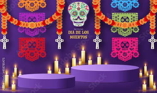 Day of the dead, Dia de los muertos 3d podium round, square stage with paper cut art elements craft style on background.

