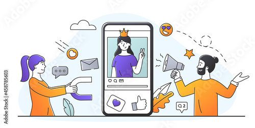 Business promotion in social networks. Team of targetologists working on company brand and attracting new customers. Man with megaphone. Cartoon flat vector illustration isolated on white background