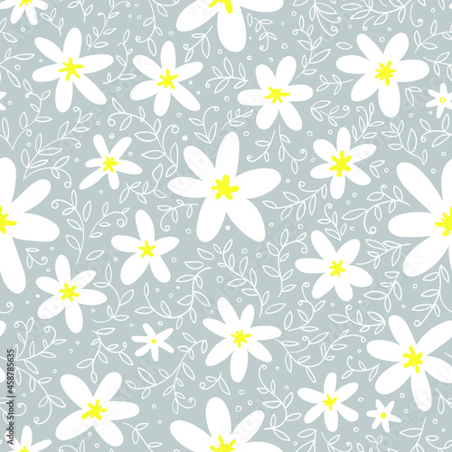 Cute white flowers with yellow hearts and small twigs and leaves. Seamless botanical pattern. Vector image.