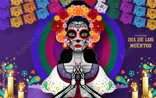 Day of the dead, Dia de los muertos, sugar skull with marigold flowers wreath on paper black color Background.