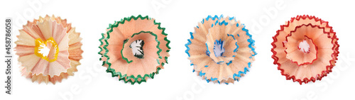 Set with different pencil shavings on white background, top view. Banner design photo