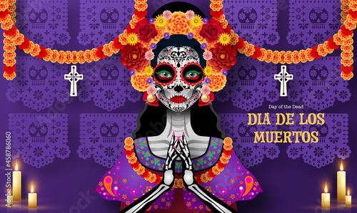 Day of the dead, Dia de los muertos, sugar skull with marigold flowers wreath on paper black color Background.