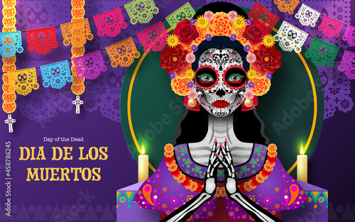 Day of the dead, Dia de los muertos, sugar skull with marigold flowers wreath on paper black color Background.