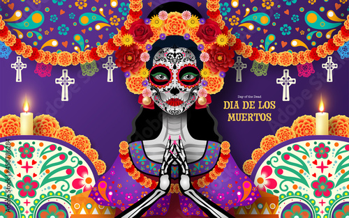 Day of the dead, Dia de los muertos, sugar skull with marigold flowers wreath on paper black color Background.