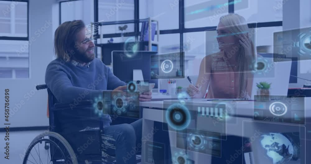 Animation of digital screens over diverse business people talking in office Animation of digital screens over diverse business people talking in office
