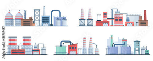 Set of factory industry buildings, flat icons.