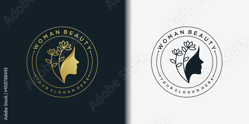 Modern woman beauty logo with creative emblem line art style and business card for beauty salon Premium Vector