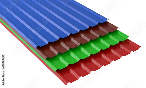 3d illustration of four deferent colors metal corrugated roof sheets stack on a white background.