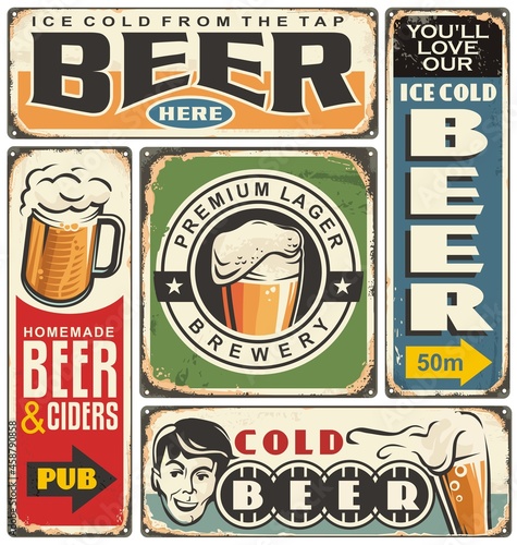 Retro beer and cafe bar signs collection. Alcohol drinks set of vintage advertisements. Beer promo poster vector templates.
