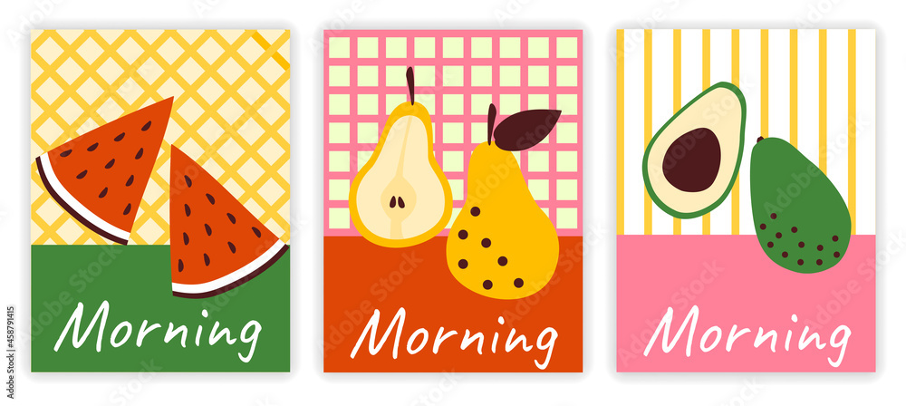 Breakfast Poster set. Colorful art with geometric shapes, fruits and lettering. Design element for decorating walls in cafe. Good morning. Cartoon flat vector collection isolated on white background
