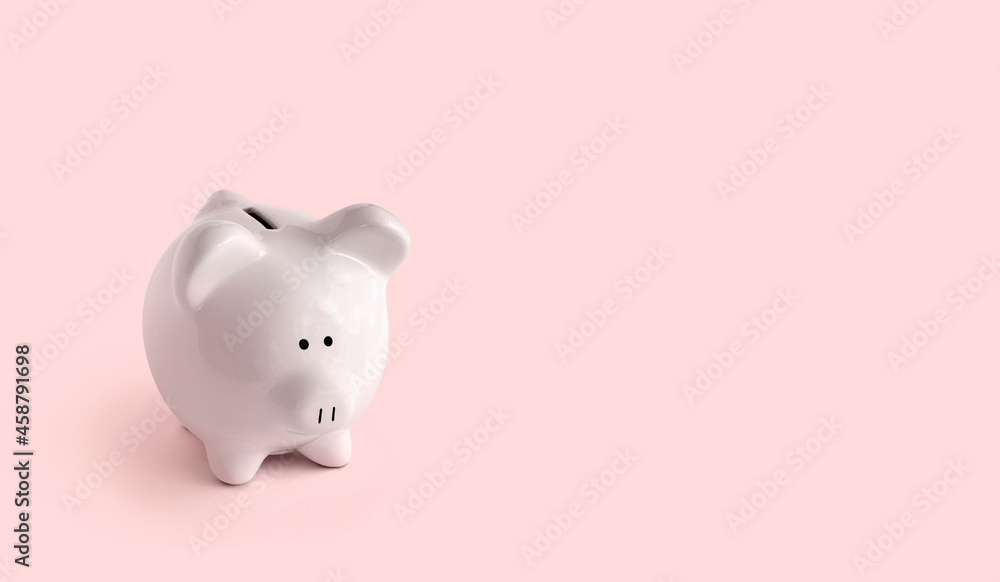 Piggy bank on pink background to left side